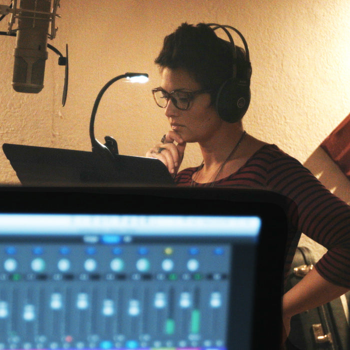 A person in a music studio using a NuFlex Rechargeable Music Stand Light.