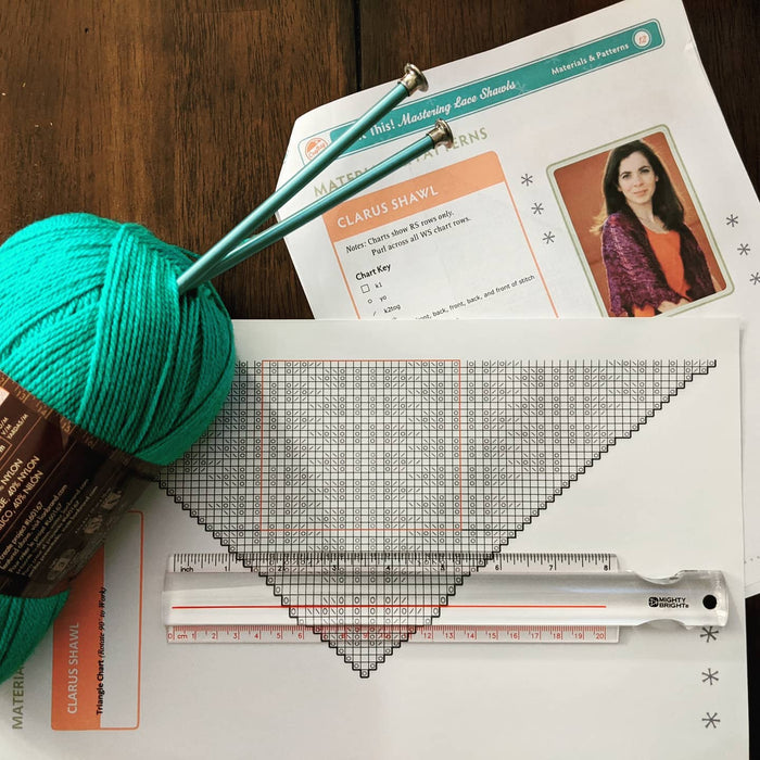 The ruler magnifier on top of a knitting pattern.